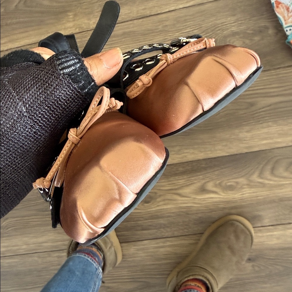Jeffrey Campbell Choreo ballet flats in pink satin with black buckled straps. - Picture 9 of 16